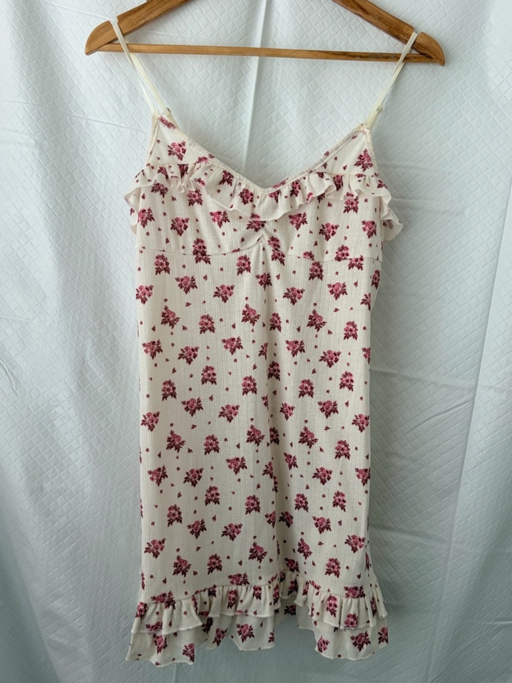 Anthropologie Cream Slip Dress with Rose Pink Floral Print